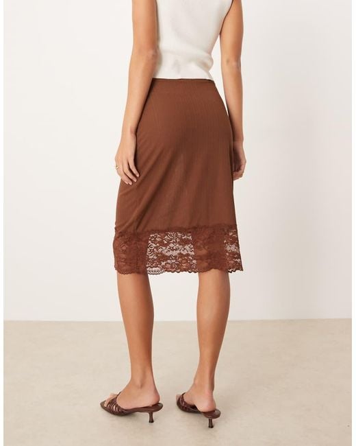 ASOS Natural Awkward Length Gauzy Sheer Ribbed Skirt With Lace Trim