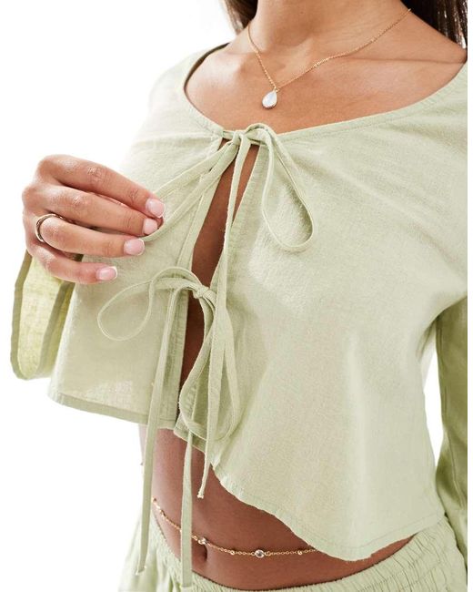 ASOS Green Kayla Mix And Match Long Sleeve Tie Front Beach Top