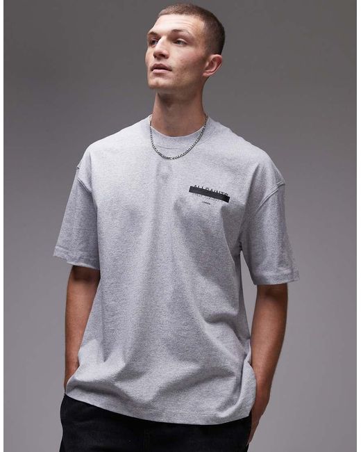 AllSaints Gray Redact Oversized Embroidered Logo T-Shirt for men