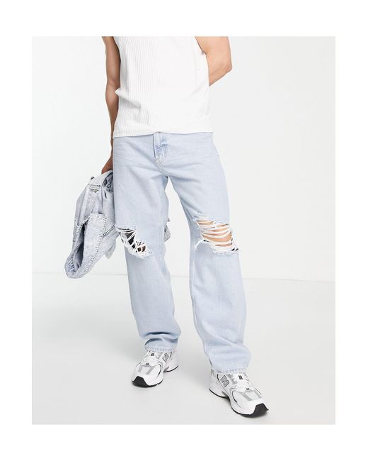 Bershka White baggy Jeans With Rips for men