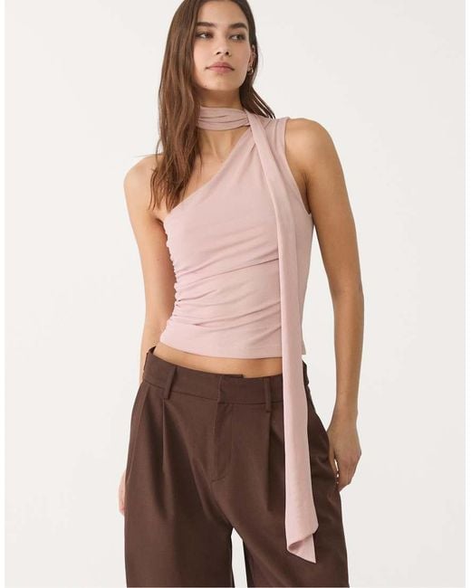 Stradivarius Pink Asymmetric Tulle Top With Scarf