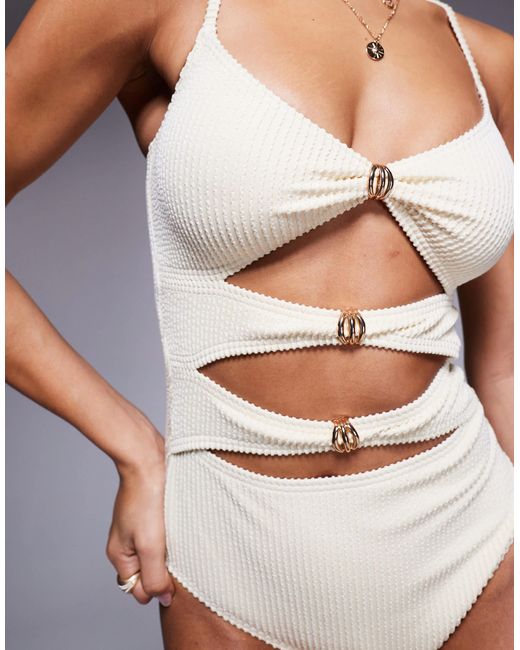 South Beach Gray Crinkle Stripe Cut Out Swimsuit