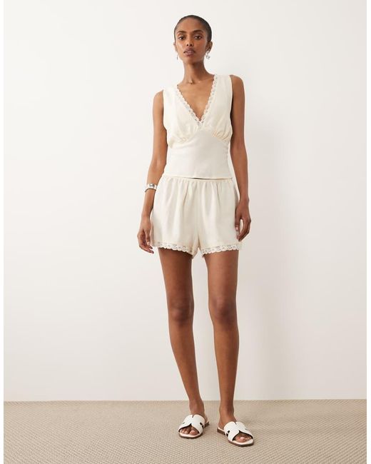 ASOS Natural Linen Blend Halter Lace Trim Top