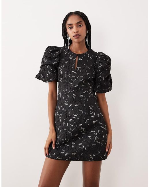Gina Tricot Black Volume Balloon Sleeve Rose Brocade Mini Dress With Silver Metallic Inserts