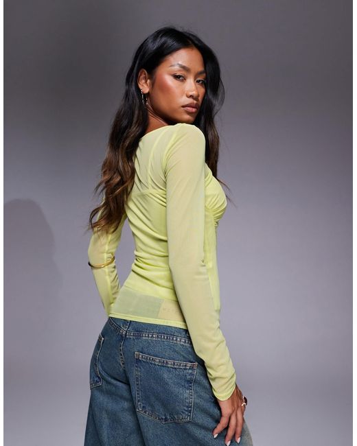 River Island Yellow Slash Neck Ruched Mesh Top