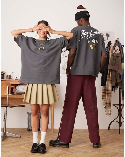 ASOS Gray Disney Oversized T-Shirt With Mickey Mouse Prints And Embroidery