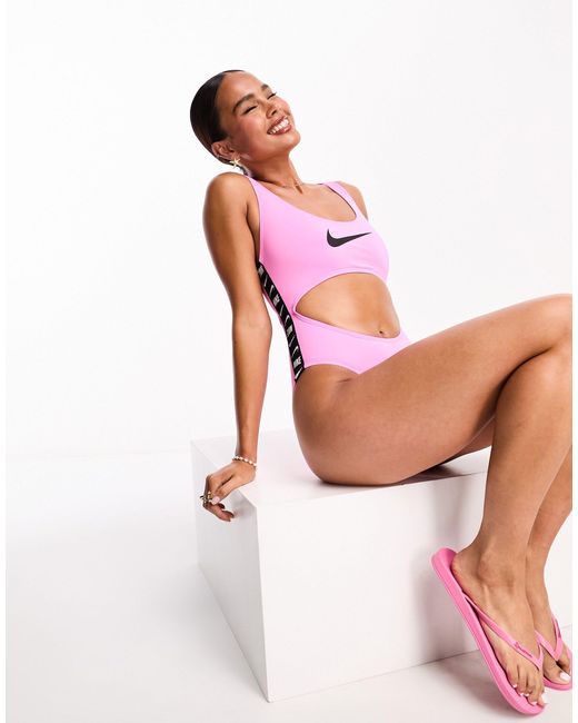 Nike Pink Icon Taped Logo Cutout Swimsuit