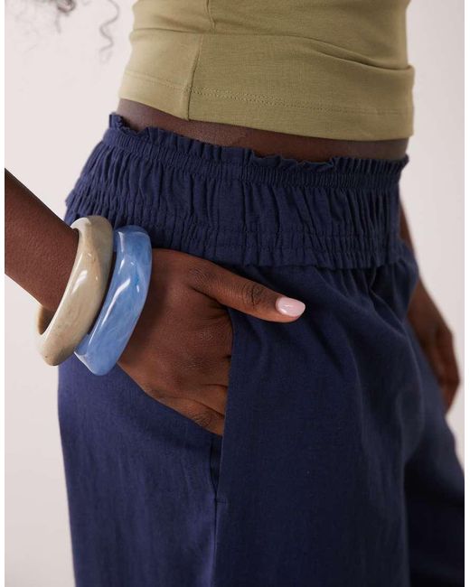 ASOS Blue Shirred Waist Linen Blend Pull On Trousers
