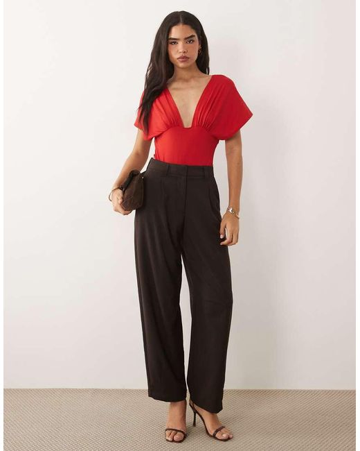 ASOS Red Polyamide Drape Sleeve Plunge Bodysuit