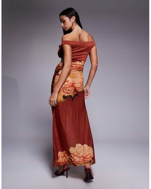 ASOS Orange Floral Bust Detail Bardot Maxi Dress With Draped Skirt