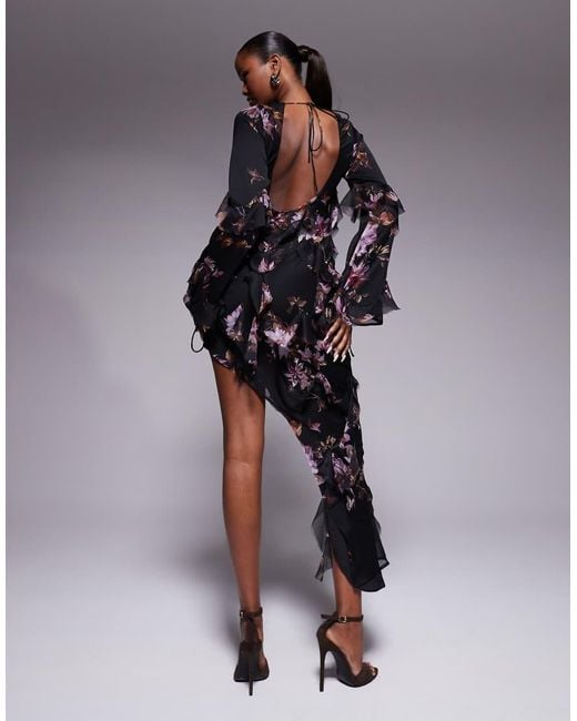 ASOS Brown Long Sleeve Open Back Raw Edge Ruffle Detail Midaxi Dress