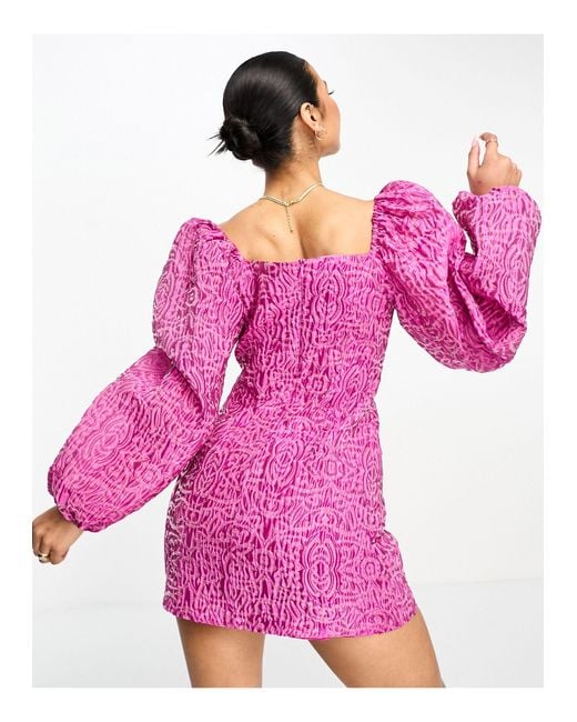Something New Pink Off The Shoulder Jacquard Mini Dress With Volume Sleeves