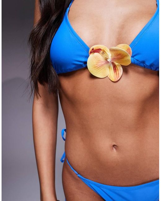 Candypants Blue Triangle Bikini Top With Flower Detail