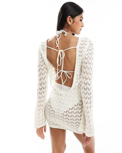 Miss Selfridge White Crochet Low Back Long Sleeve Mini Dress