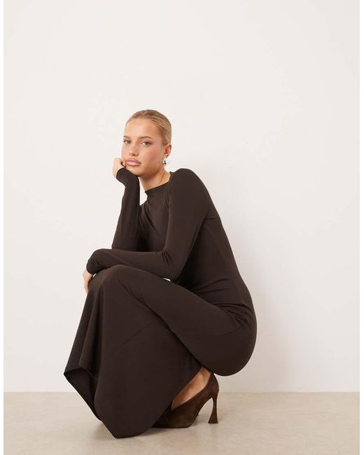 Mango Brown Slash Neck Long Sleeve Maxi Dress