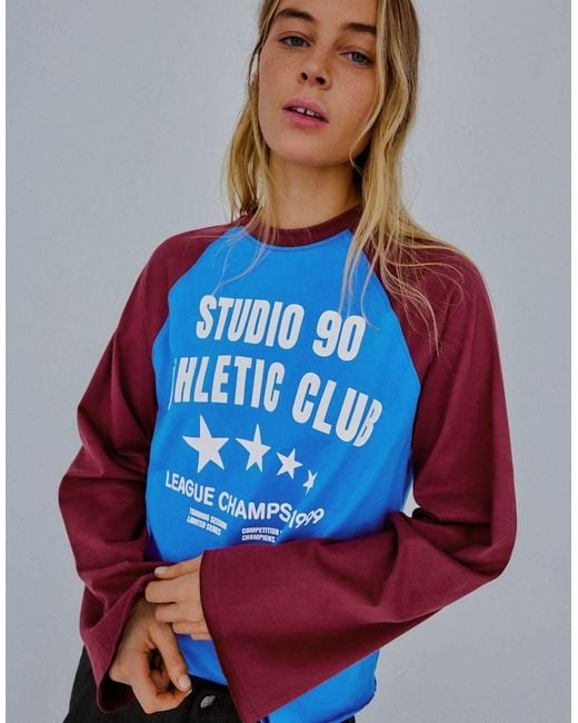 Bershka Blue Long-Sleeve Contrast Print Raglan T-Shirt