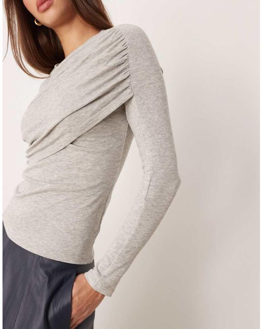 Gina Tricot Gray Long Sleeve Ruched Slim Fit Drapey Top