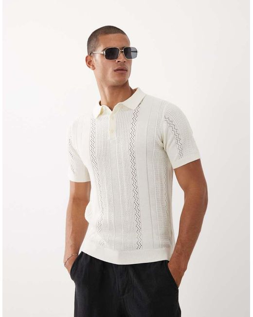 Threadbare White Knit Short Sleeve Polo Shirt for men