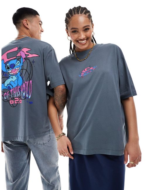 T-shirt unisex oversize grigia con stampe "disney stitch" su licenza di ASOS in Blue