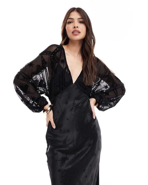 Never Fully Dressed Black Sheer Sleeve Contrast Satin Maxi Dress
