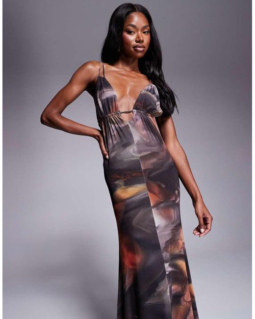 ASOS Purple Mesh Plunge Neckline Double Strap Maxi Dress With Sash