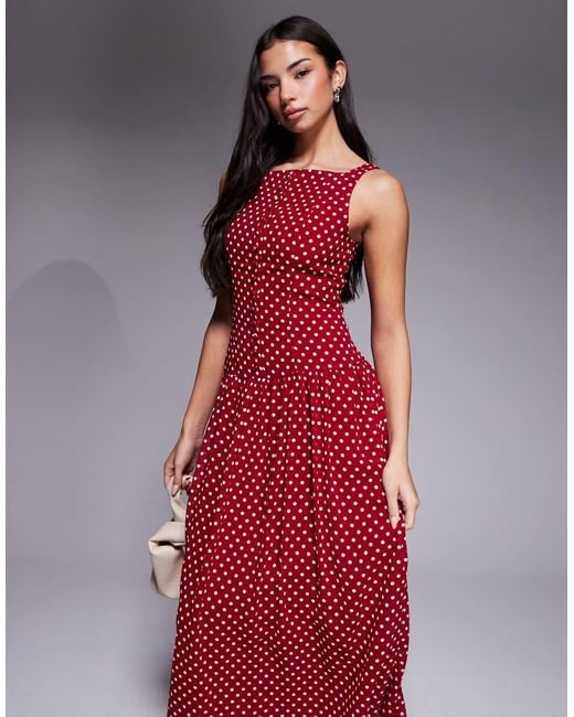 Kaiia Red Exclusive High Square Neck Button Up Dropped Waist Maxi Dress