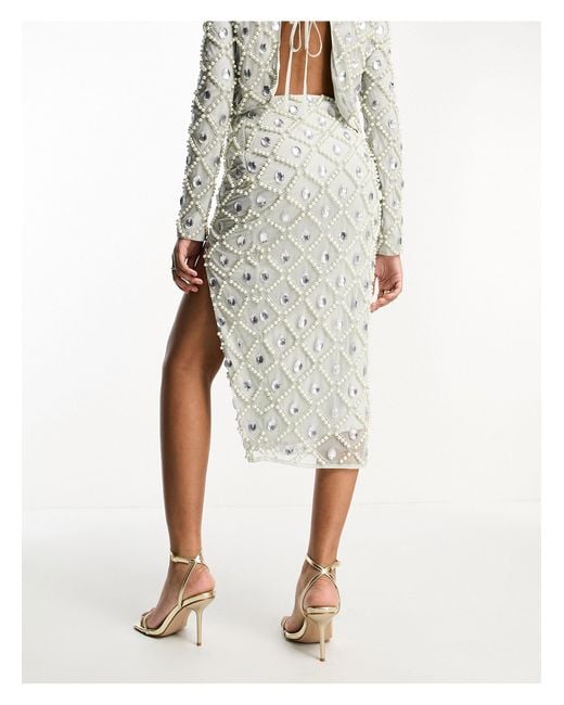 ASOS Natural Embellished Sequin And Pearl Midi Skirt With Split Detail Co-ord