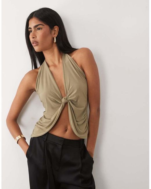 ASOS Green Knotted Plunge Draped Top With Skinny Straps