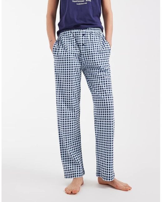 Brave Soul Blue Cotton 'cacio E Pepe' Graphic Print T-shirt And Check Pants Pyjama Set
