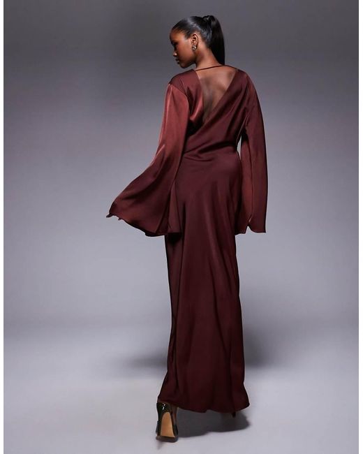 ASOS Brown Satin Asymmetric Neckline Long Sleeve Maxi Dress With Channel Detail