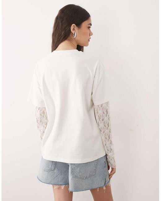 Miss Selfridge White Oversized T-shirt With Lace Sleeve And Flower Print