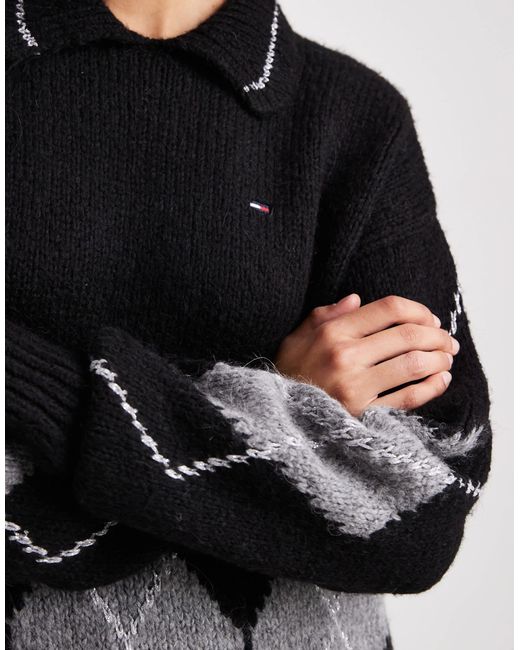 Pull en maille à losanges et col polo Tommy Hilfiger en coloris Black