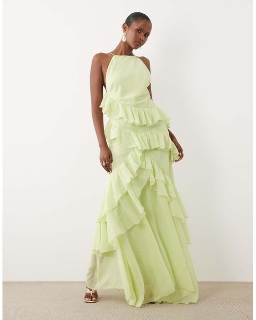 ASOS Green High Neck Low Back Ruffle Maxi Dress