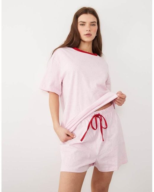 ASOS Pink Essentials Oversized Short Sleeve Tee And Short Set Pyjama With Contrast Neck Binding