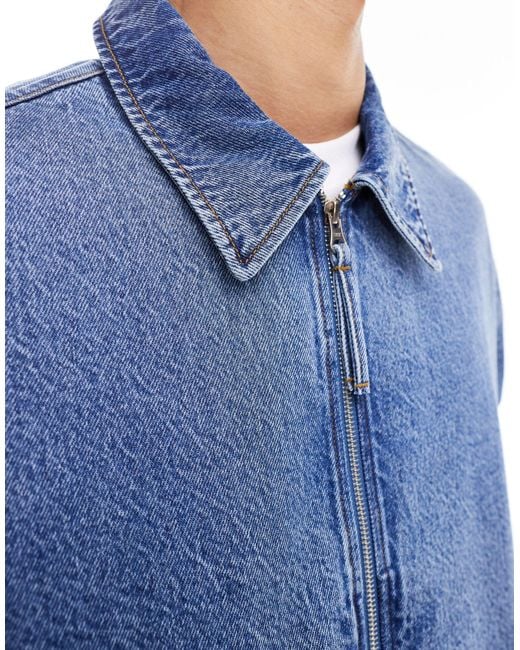 ASOS Blue Cropped Denim Harrington Jacket for men
