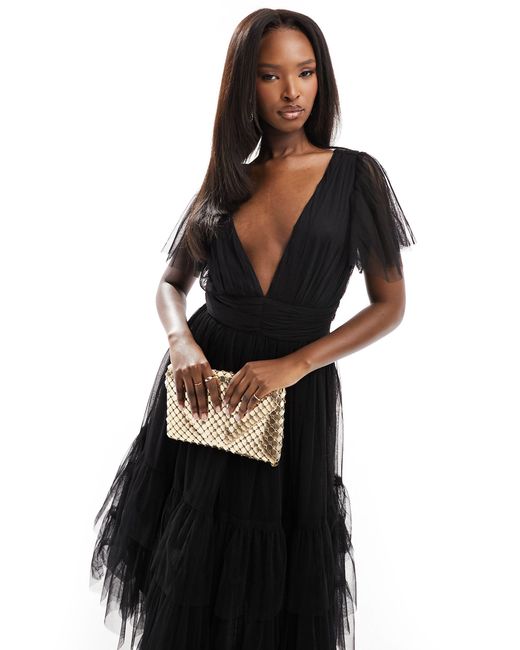 L'invitée - madison - robe mi-longue en tulle à col v LACE & BEADS en coloris Black