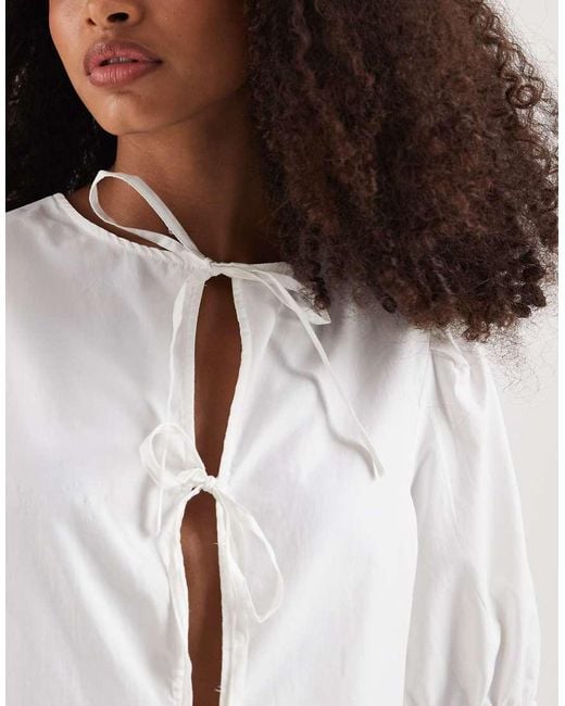 ONLY Blue Tie Front Top With Puff Sleeve