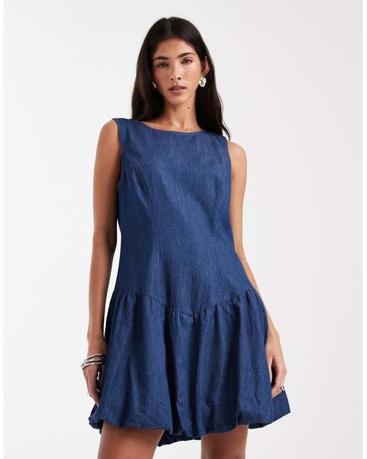Pieces Blue Denim Drop Waist Bubble Hem Mini Dress