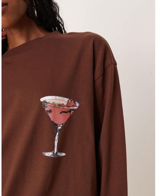 ASOS Brown Long Sleeve Oversized Tee With Cherry Espresso Graphic