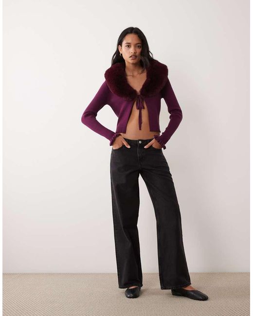 Miss Selfridge Red Tie Front Cardigan With Fur Collar And Cuff