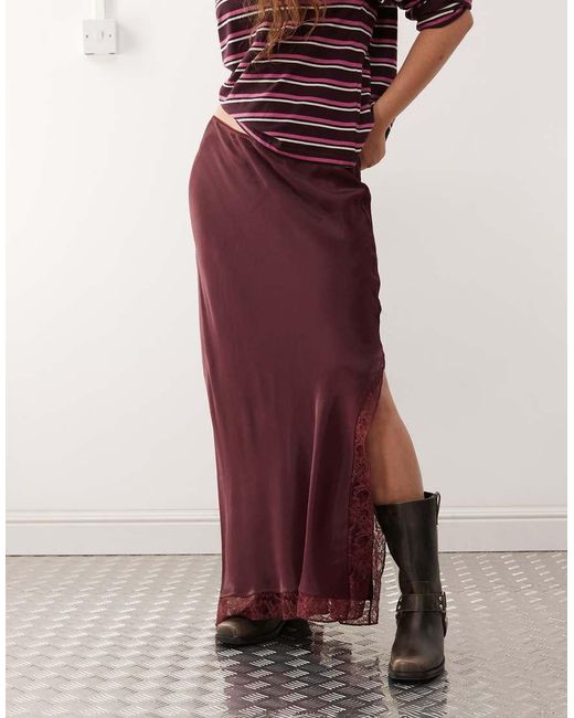 Reclaimed Vintage Red Satin Midi Skirt With Lace Trim