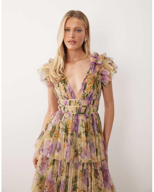 LACE & BEADS Natural Ruffle Shoulder Tiered Tulle Maxi Dress