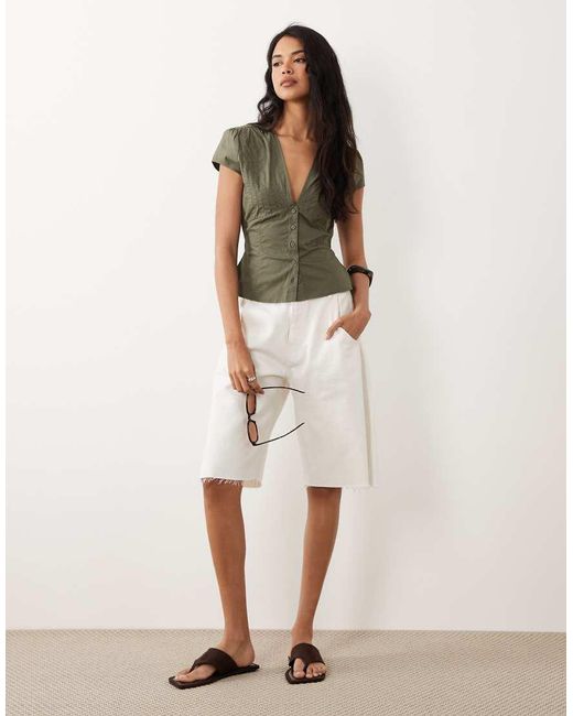 Gina Tricot Green Cinched Waist Short Sleeve Blouse