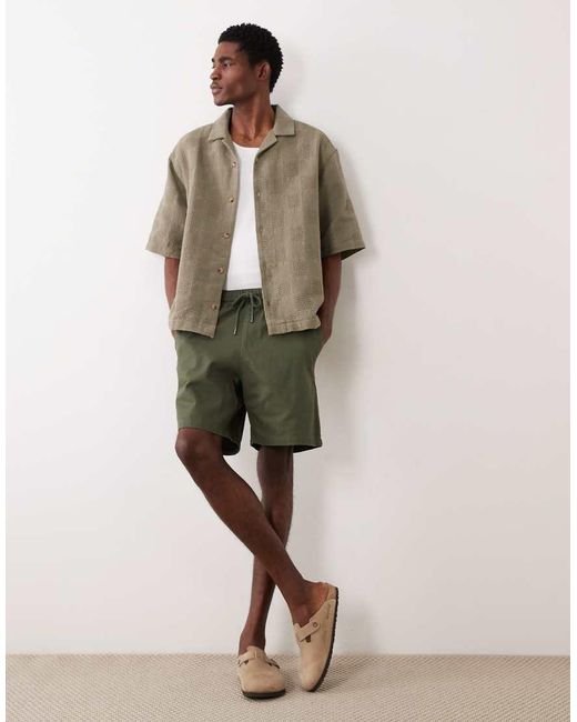 ASOS Natural Oversized Half Sleeve Revere Grid Textured Shirt for men