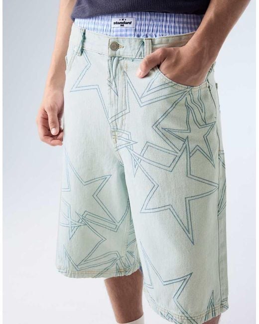 Bershka Blue Super baggy Denim Bermuda Shorts With Stars for men