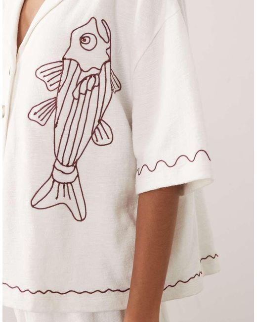 ASOS White Textured Jersey Revere Shirt Co-Ord With Fish Embroidery