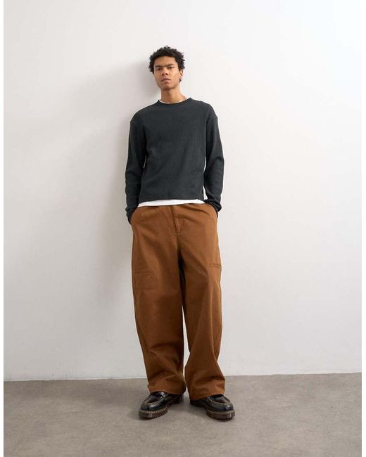 Topman Blue Cropped Fit Long Sleeve Heavyweight Waffle T-shirt for men