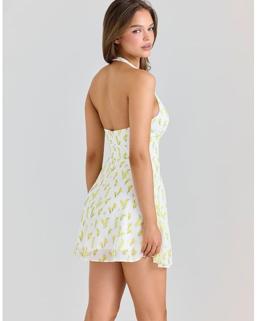House Of Cb White Iris Lemon Floral Print Georgette Halter Neck Mini Dress