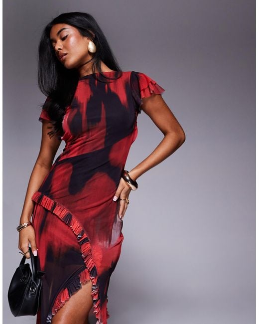 ASOS Red – maxikleid mit verschwommenem wasserfarbendesign, u-boot-ausschnitt, rüschen an den ärmeln und rüschenverzierung