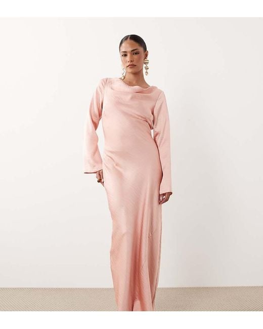 TFNC London Pink Satin Flared Long Sleeve Maxi Dress